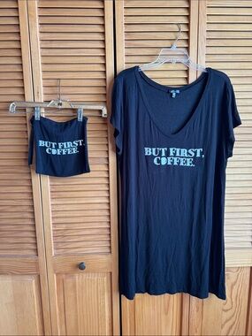 But First, Coffee. Black V-Neck Graphic Nightshirt